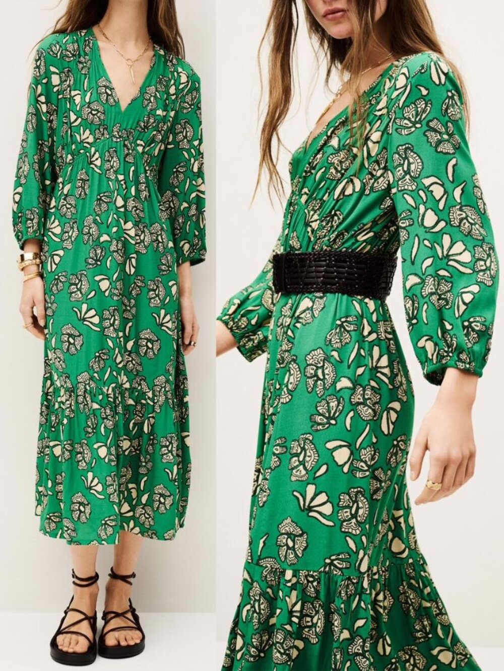ba&sh Aferae Midi Dress Size S Kelly Green V Neck Designer Parisian Chic $395